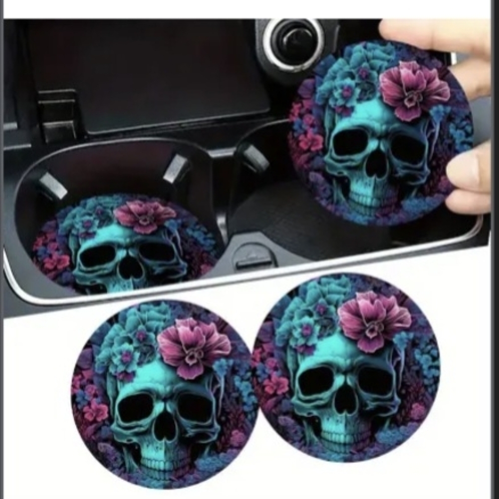Skull Floral Car Cup Holder Coasters Set of 2 Teal
